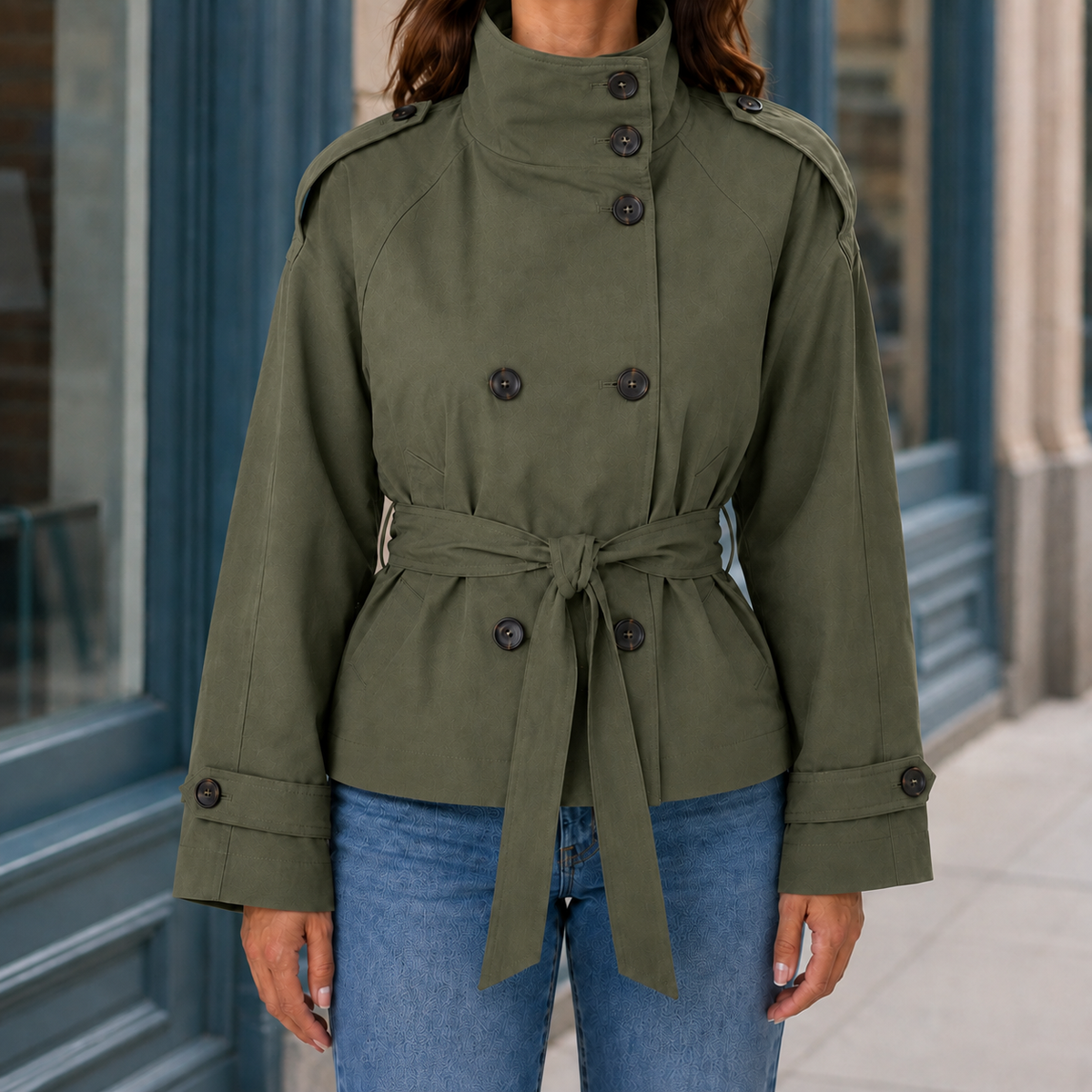 Trench Jacket Polyester Cropped with Funnel Neck and Tie Waist