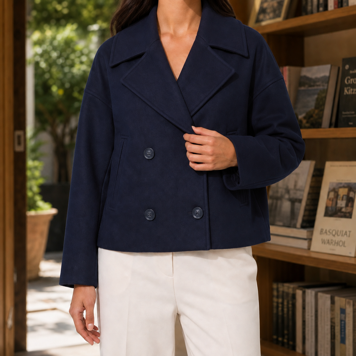 Blazer Polyester Cropped Boxy Double-Breasted with Notched Lapels
