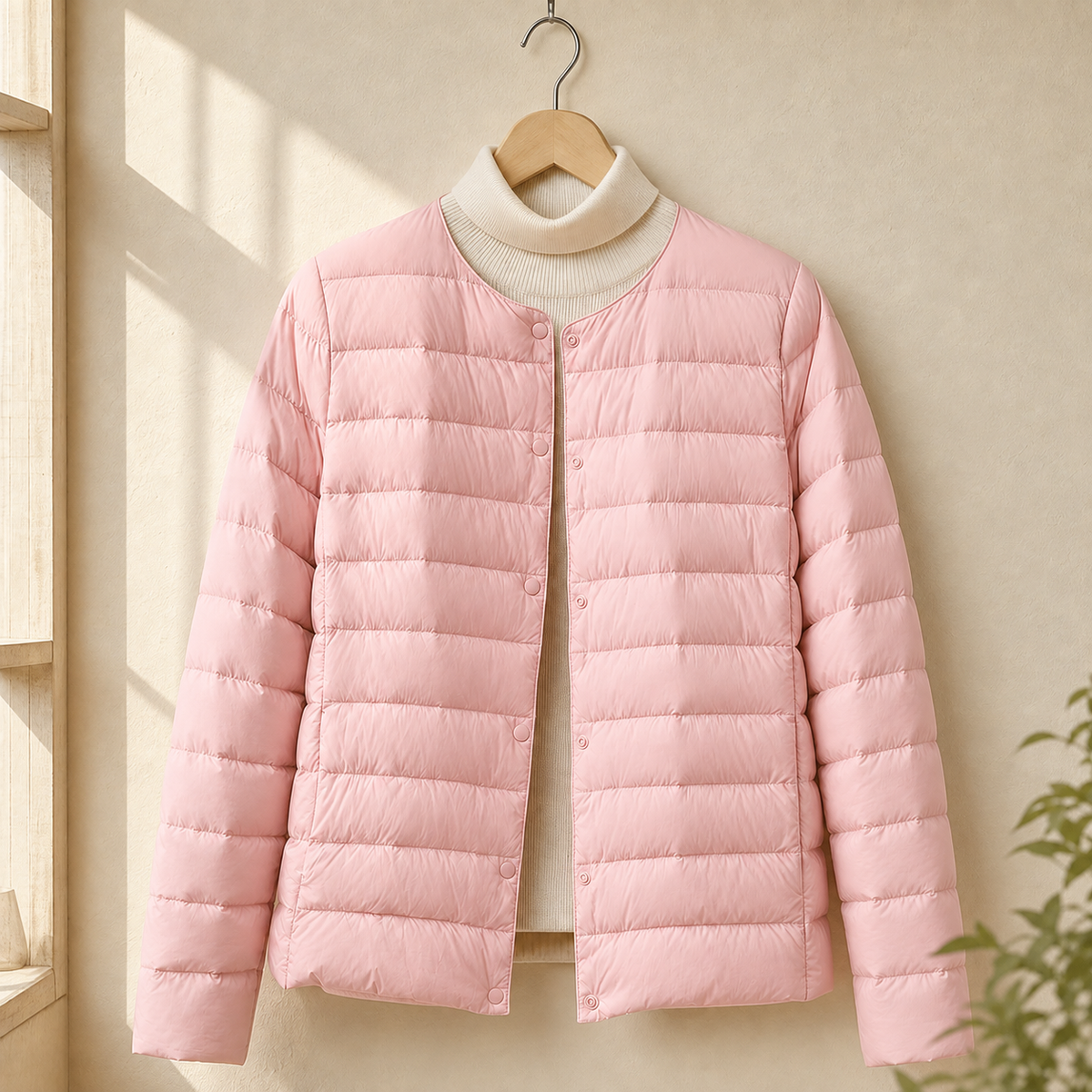 Quilted Jacket Cashmere-Feel with Round Neckline and Tonal Snap Front