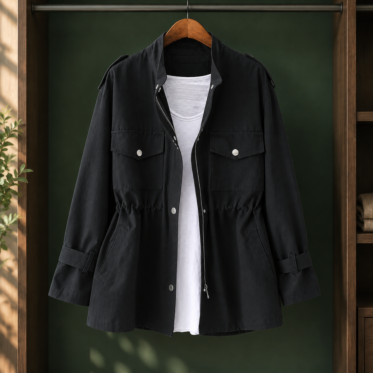 Utility Jacket Polyester Relaxed with Drawstring Waist, Zip-Snap Front