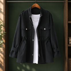 Utility Jacket Polyester Relaxed with Drawstring Waist, Zip-Snap Front