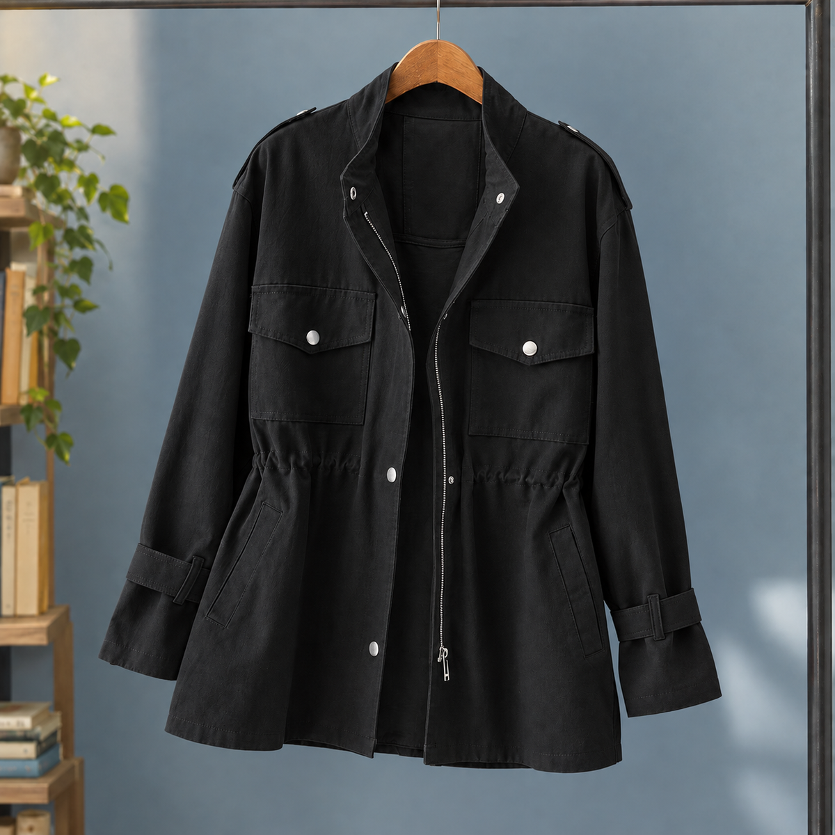 Utility Jacket Polyester with Zip and Snap Front and Four Pockets