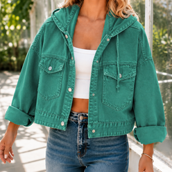 Hooded Jacket Washed Cotton Blend with Studded Front and Drawstring