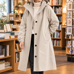 Overcoat Polyester Hooded Longline with Button Front and Side Pockets