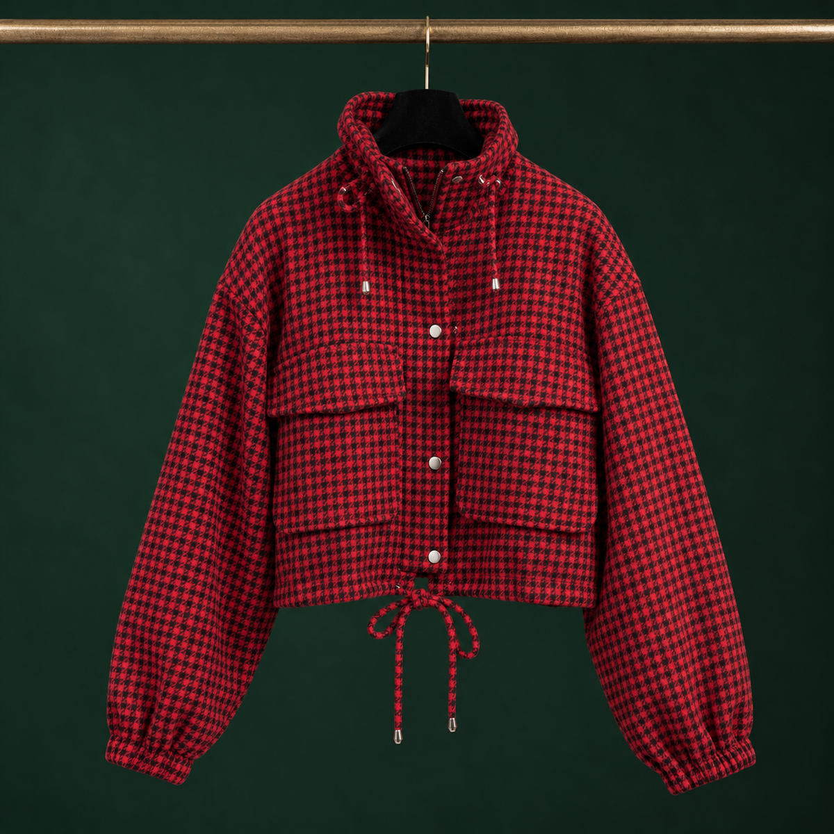 Utility Jacket Polyester Houndstooth Cropped with Flap Chest Pockets
