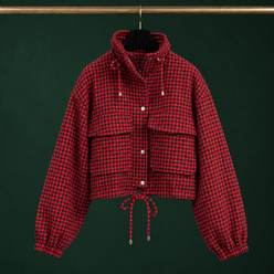 Utility Jacket Polyester Houndstooth Cropped with Flap Chest Pockets