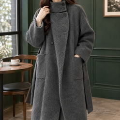 Coat Wool Blend Cashmere-Feel Longline with Asymmetric Stand Collar