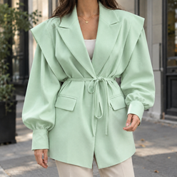 Jacket Polyester Belted with Layered Shoulders and Wide Lapels