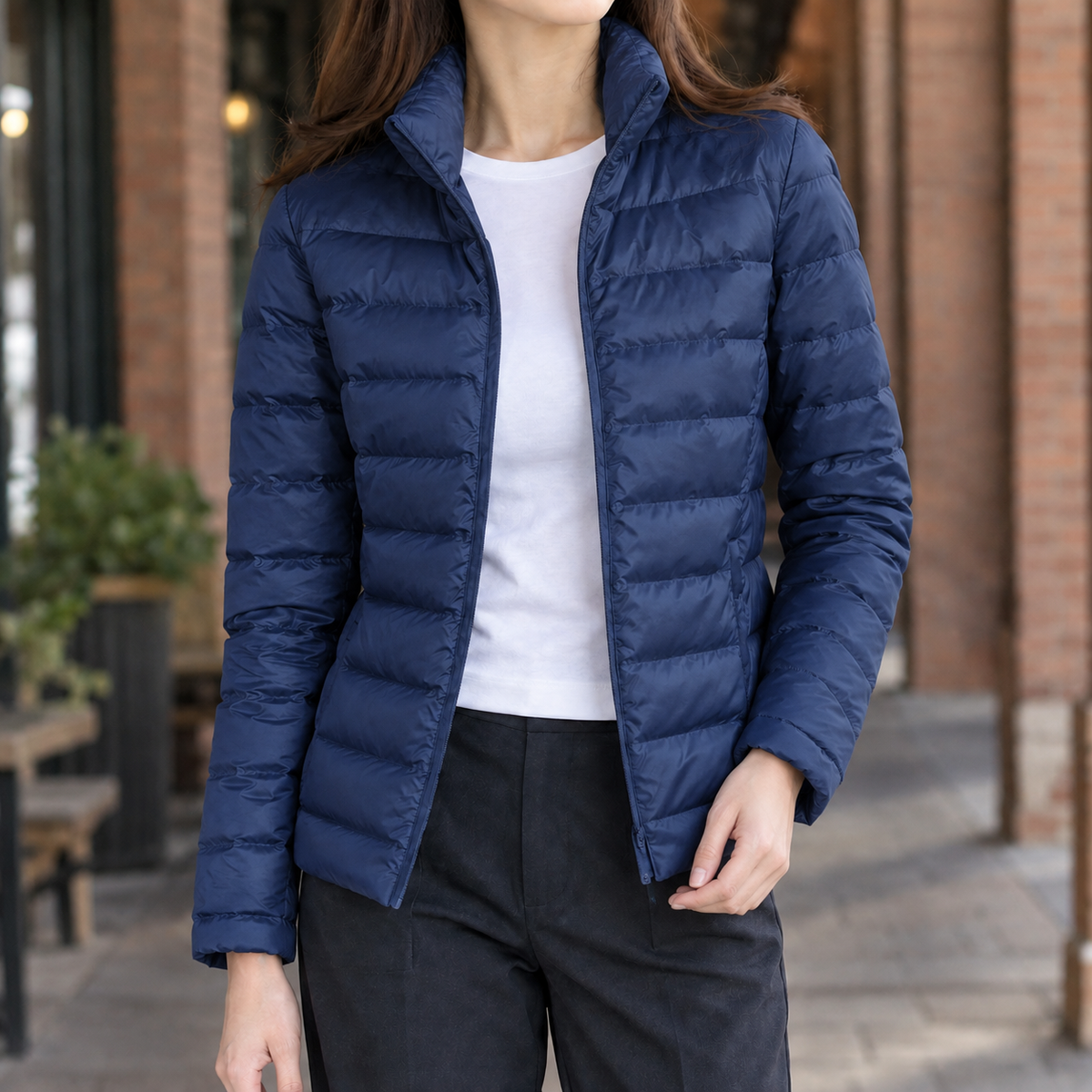 Puffer Jacket Cashmere-Feel Slim with Horizontal Quilting and Zip