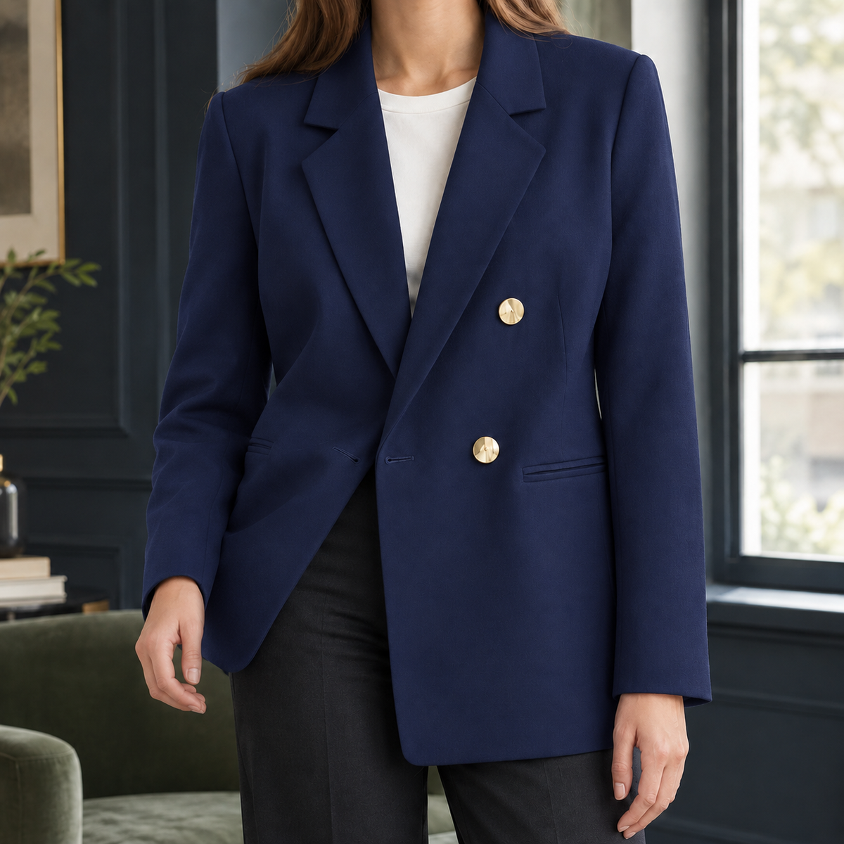 Blazer Polyester Double-Breasted with Notched Lapels and Gold Buttons