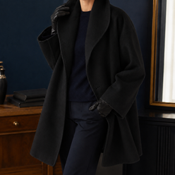 Coat Polyester Oversized Mid-Length with Broad Lapel Collar