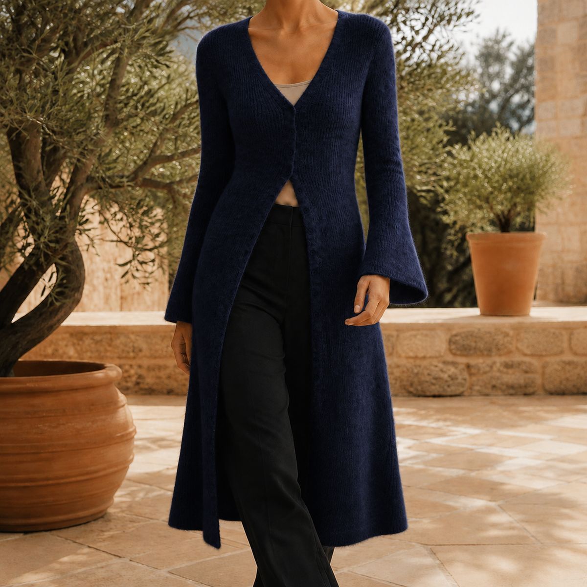 Wool-Blend V-Neck Longline Cardigan