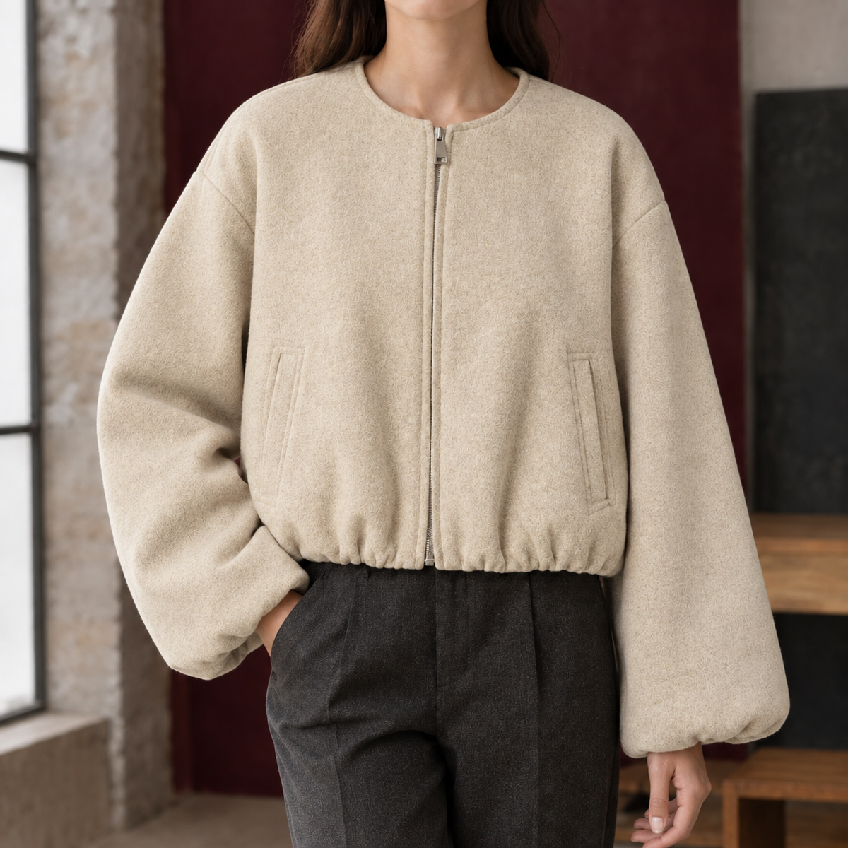 Cropped Jacket Polyester Brushed with Round Neckline and Zip Front