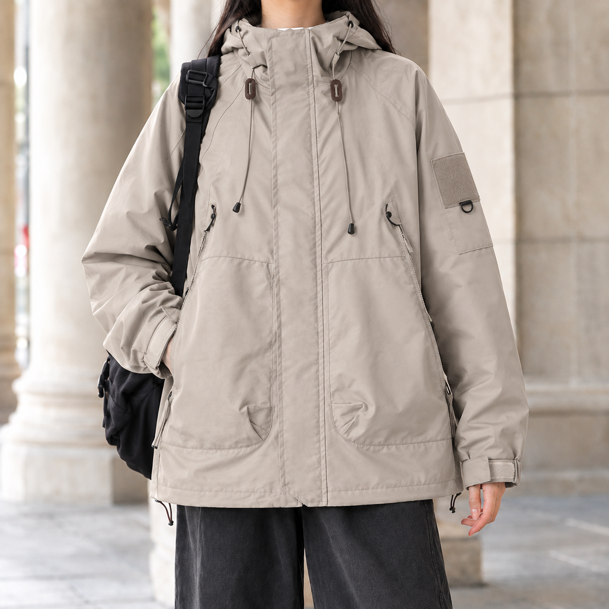 Utility Jacket Cotton Blend Hooded with Concealed Zip and Four Pockets