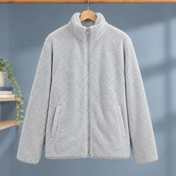 Zip Jacket Polyester Plush Straight Fit with Slanted Hand Pockets