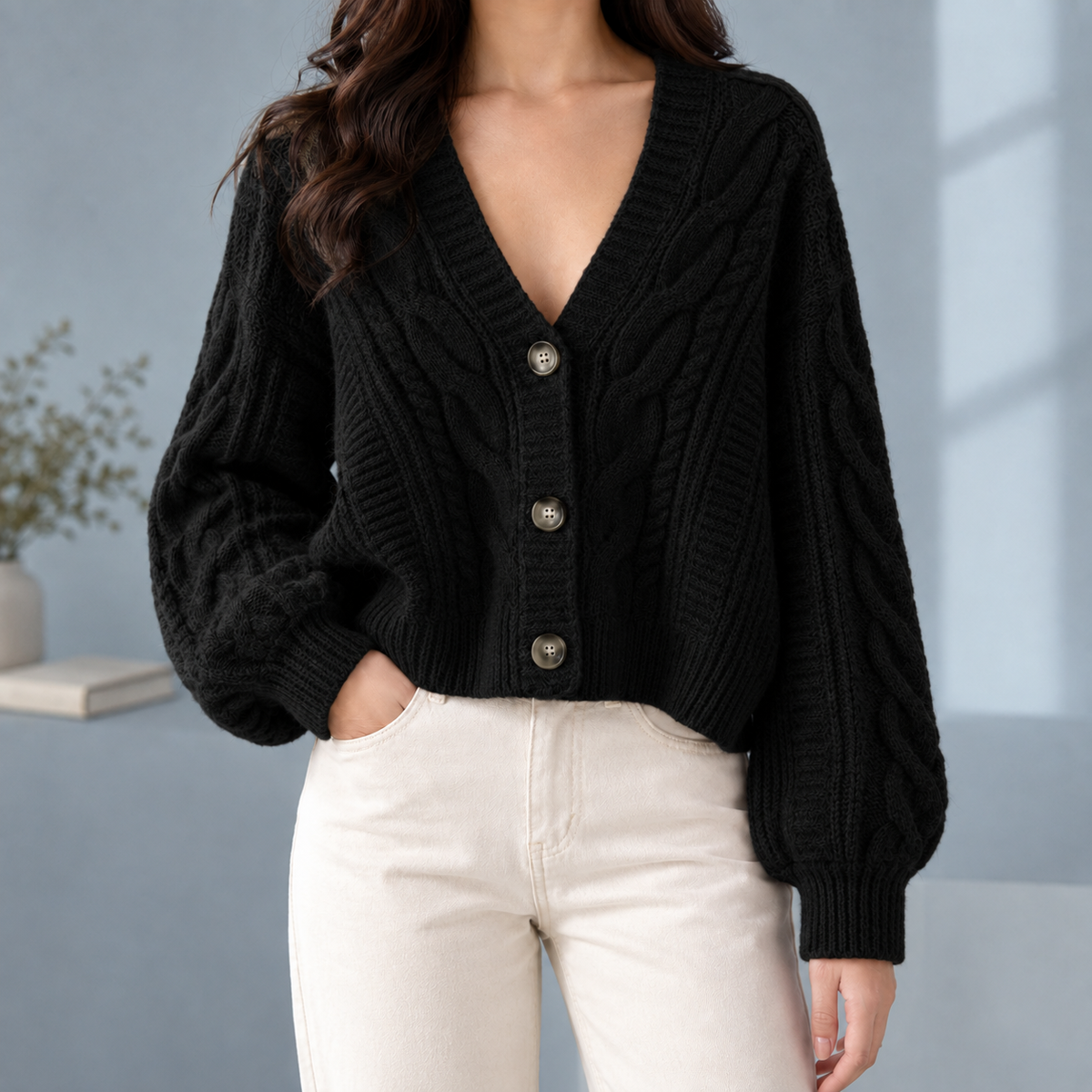 Deep V-Neck Cable Cardigan