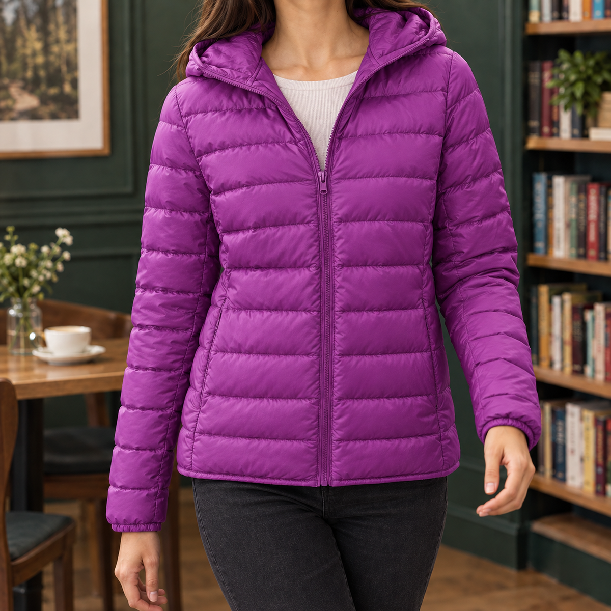 Puffer Jacket Cashmere-Feel with Hood, Down Filling and Full Zip