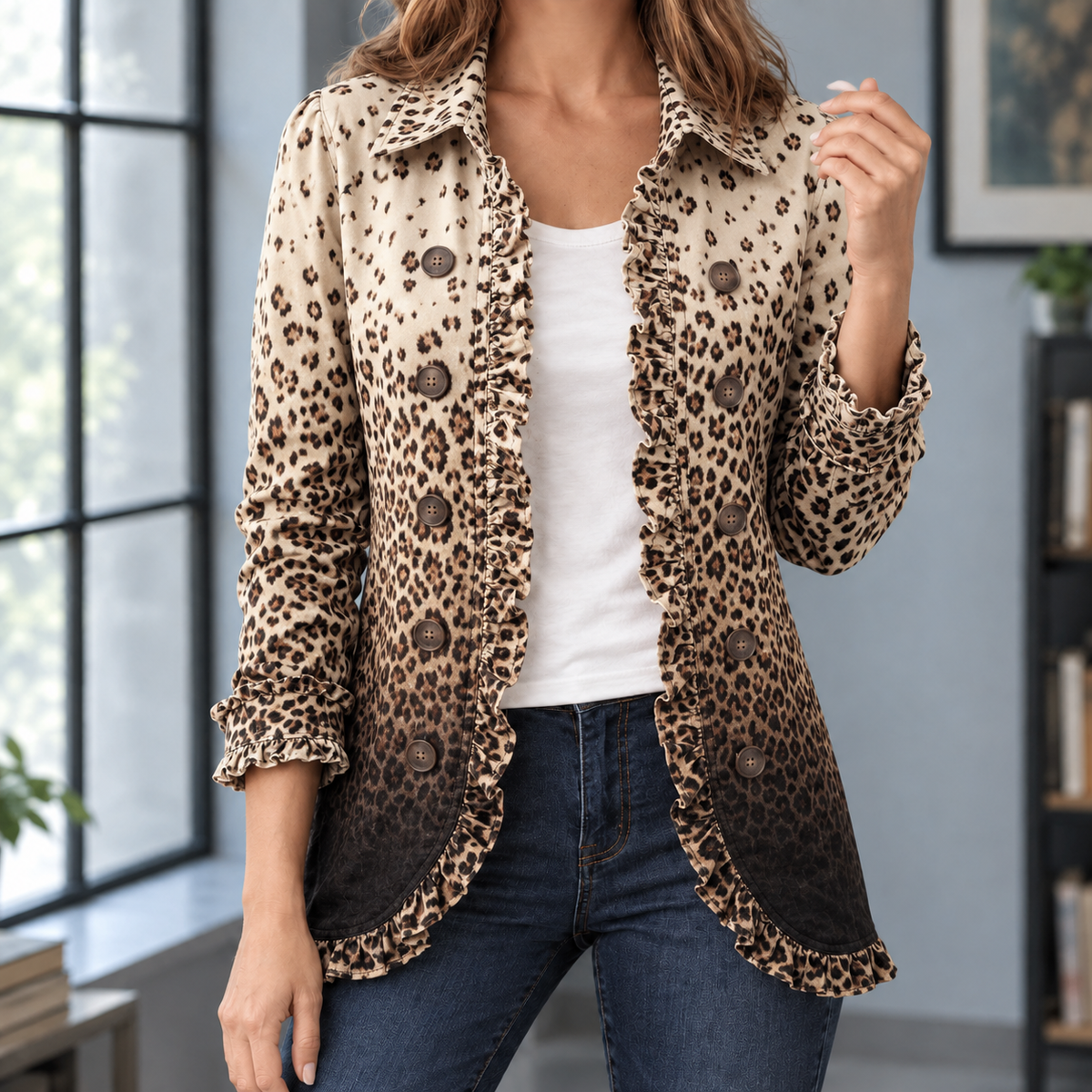 Ruffle Jacket Polyester Hip-Length with Turn-Down Collar