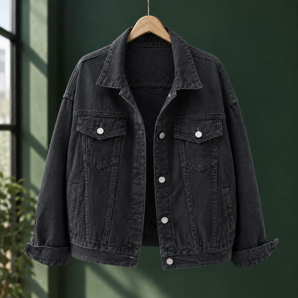 Denim Jacket Cotton Blend Relaxed with Four Pockets and Turned Cuffs
