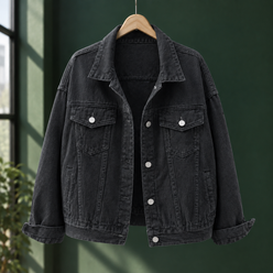 Denim Jacket Cotton Blend Relaxed with Four Pockets and Turned Cuffs
