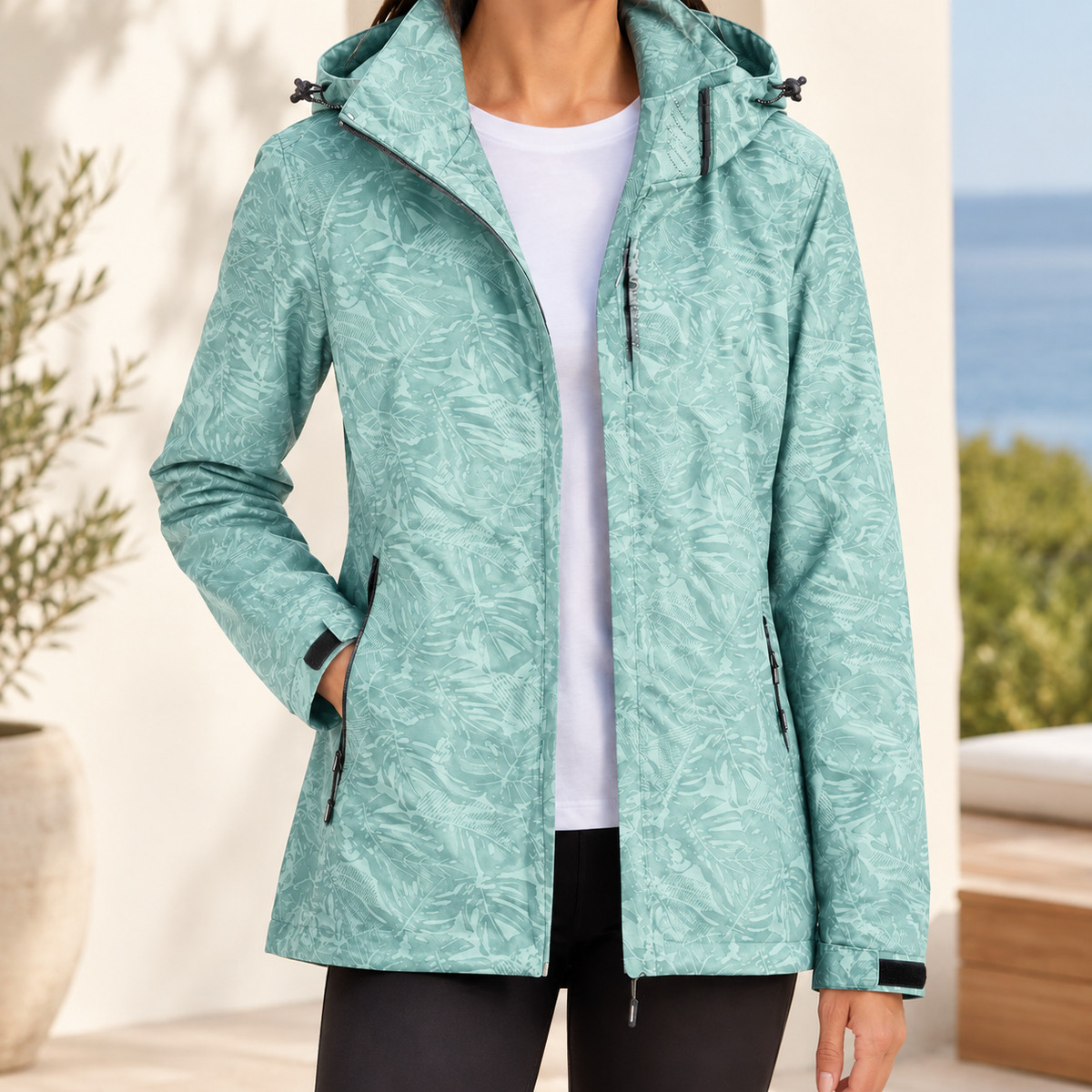 Rain Jacket Waterproof Polyester Insulated with Drawcord Hood