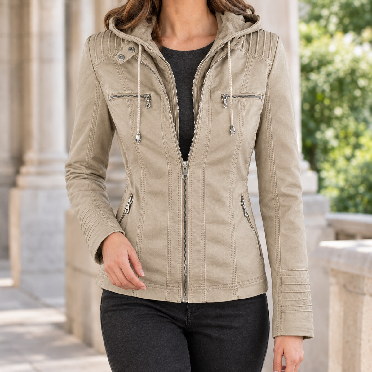 Hooded Jacket Faux Leather Fitted with Layered Zip and Four Pockets