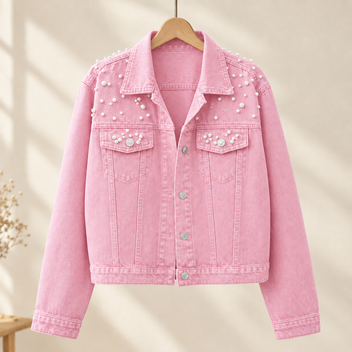 Denim Jacket Cropped with Pearl Beading and Flap Chest Pockets
