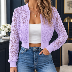Lace Jacket Polyester Sheer Floral Cropped Bomber with Full Zip