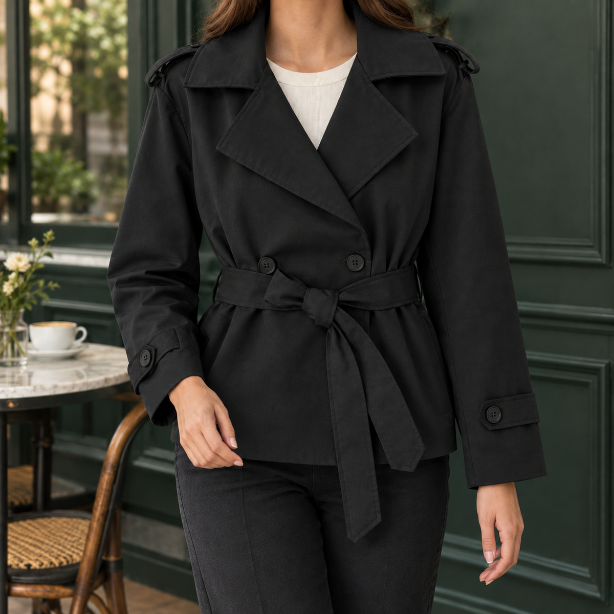 Trench Jacket Polyester Belted with Wide Lapels and Cuff Tabs