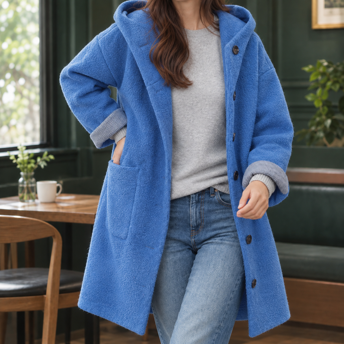 Hooded Coat Wool Blend Relaxed Longline with Button Front