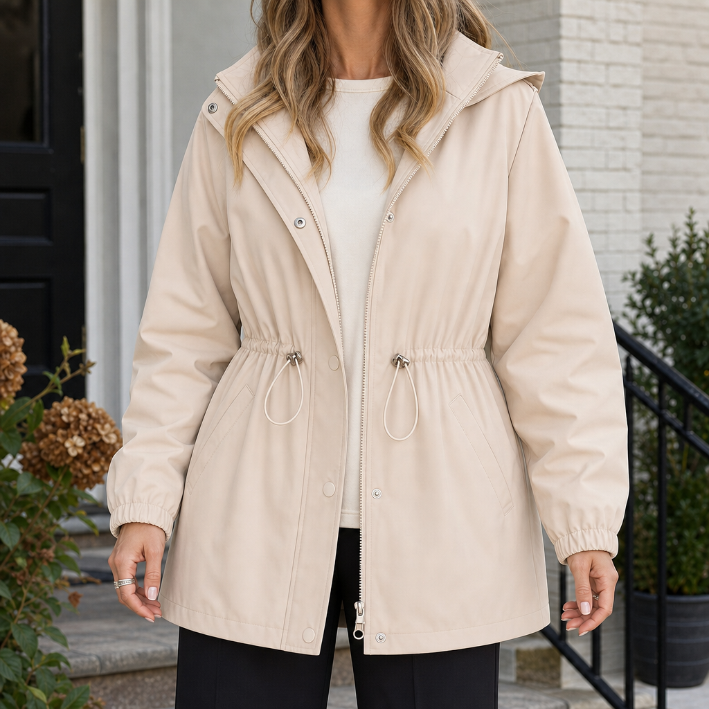 Hooded Jacket Polyester with Zip-and-Snap Front and Drawstring Waist
