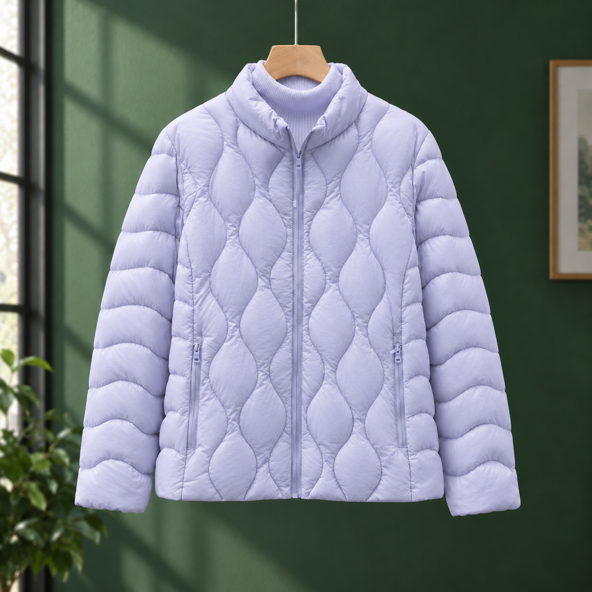 Quilted Jacket Duck Down Filled with Wave Quilting and Full Zip