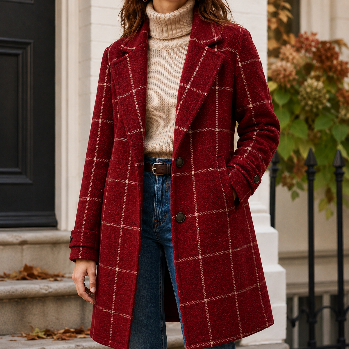 Coat Polyester Plaid Windowpane Straight with Broad Notched Lapels
