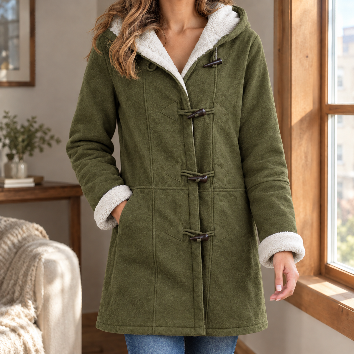 Jacket Polyester Toggle Front with Plush-Lined Hood and Pockets
