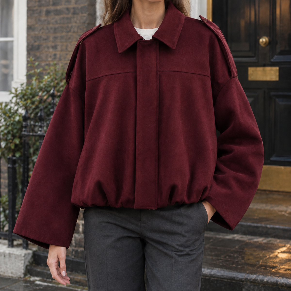 Jacket Faux Suede Relaxed Batwing with Epaulettes and Gathered Hem