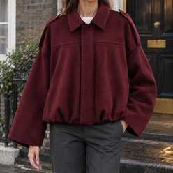 Jacket Faux Suede Relaxed Batwing with Epaulettes and Gathered Hem