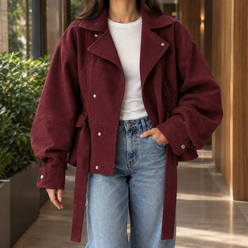 Moto Jacket Polyester Cropped with Offset Snaps and Self-Tie Belt