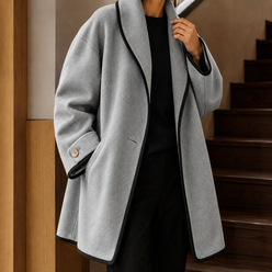 Coat Wool Blend Oversized with Shawl Collar and Contrast Piped Edging