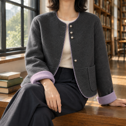 Jacket Wool Relaxed Hip-Length with Contrast Cuffs and Round Neckline