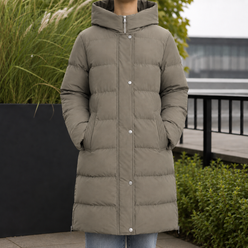 Puffer Jacket Polyester Longline with Padded Hood and Side Vents