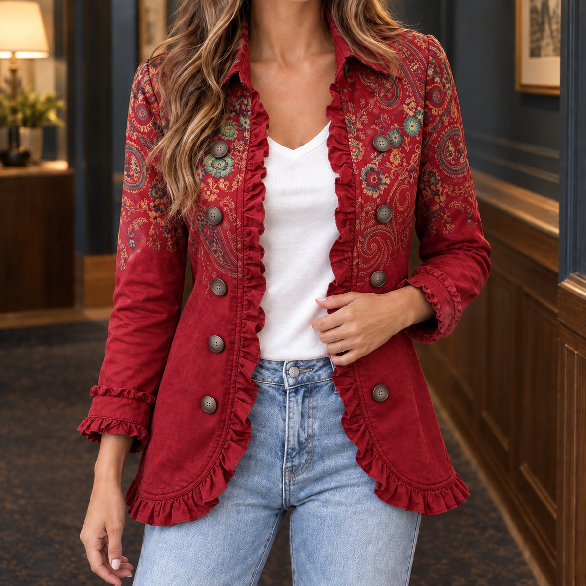 Ruffle Jacket Polyester with Pointed Collar and Double-Row Buttons