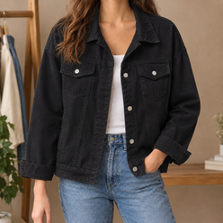 Denim Jacket Cotton Blend Relaxed with Four Pockets, Silver Buttons