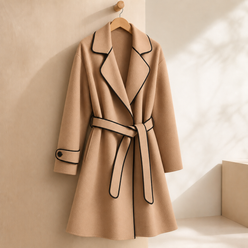Coat Cashmere-Feel Brushed Polyester Wrap with Contrast Piping