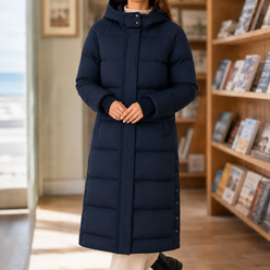 Puffer Coat Polyester Longline with Padded Hood and Side Pockets