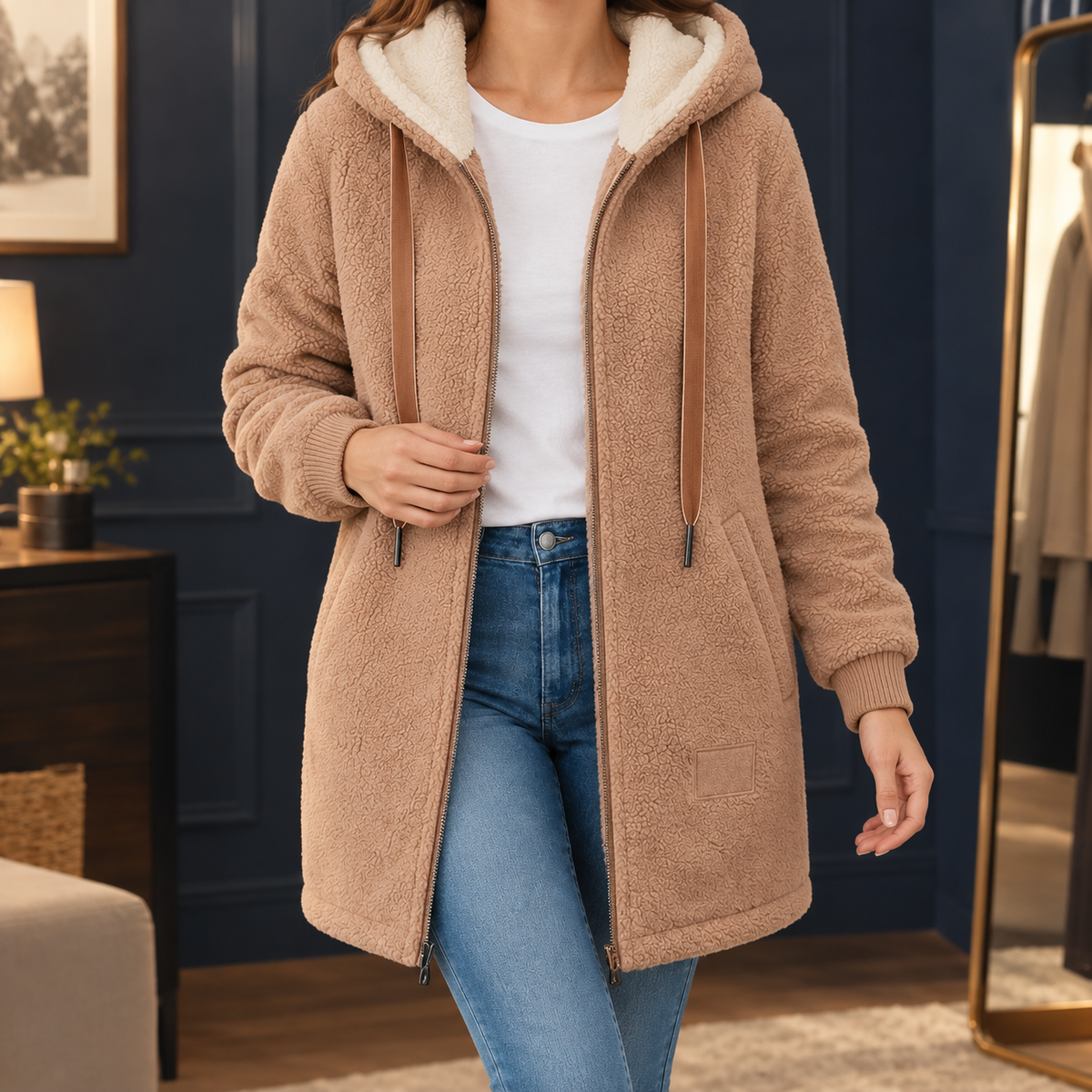 Fleece Jacket Plush Hooded Longline with Cream-Lined Hood and Zip