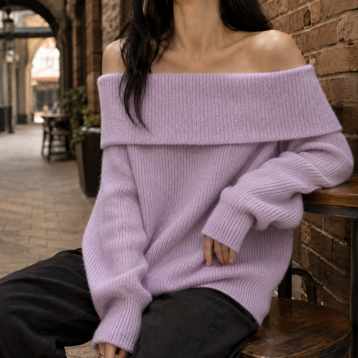 Off-Shoulder Jumper with Voluminous Sleeves