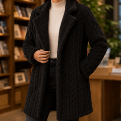 Coat Polyester Longline with Raised Cable Texture and Notched Lapels
