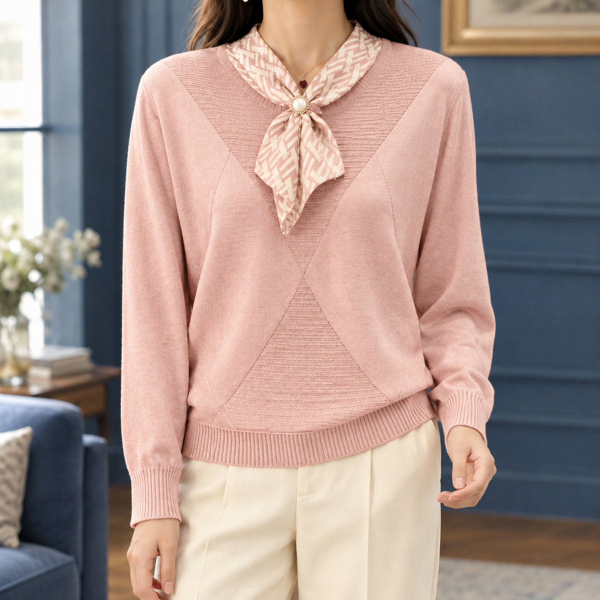 Scarf Neck Jumper with Patterned Tie