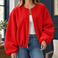 Jacket Polyester Cropped Zip Front with Balloon Sleeves and Round Neck