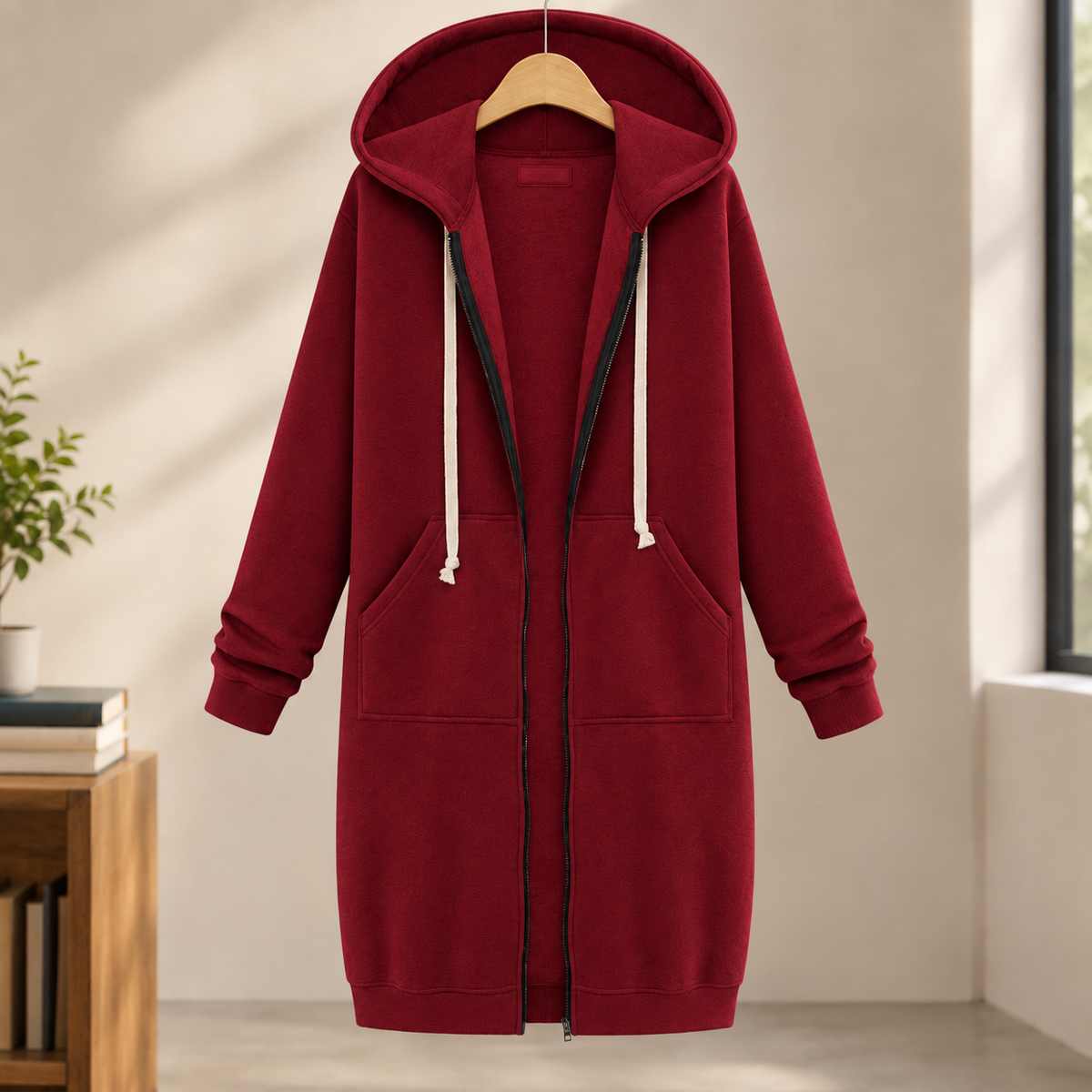 Overcoat Polyester Longline with Drawcord Hood and Full Zip
